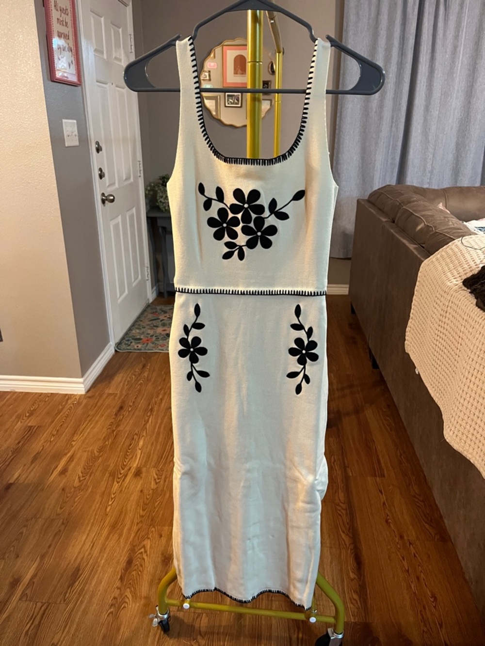 Sleeveless Cream Dress with Black Floral Embroidery